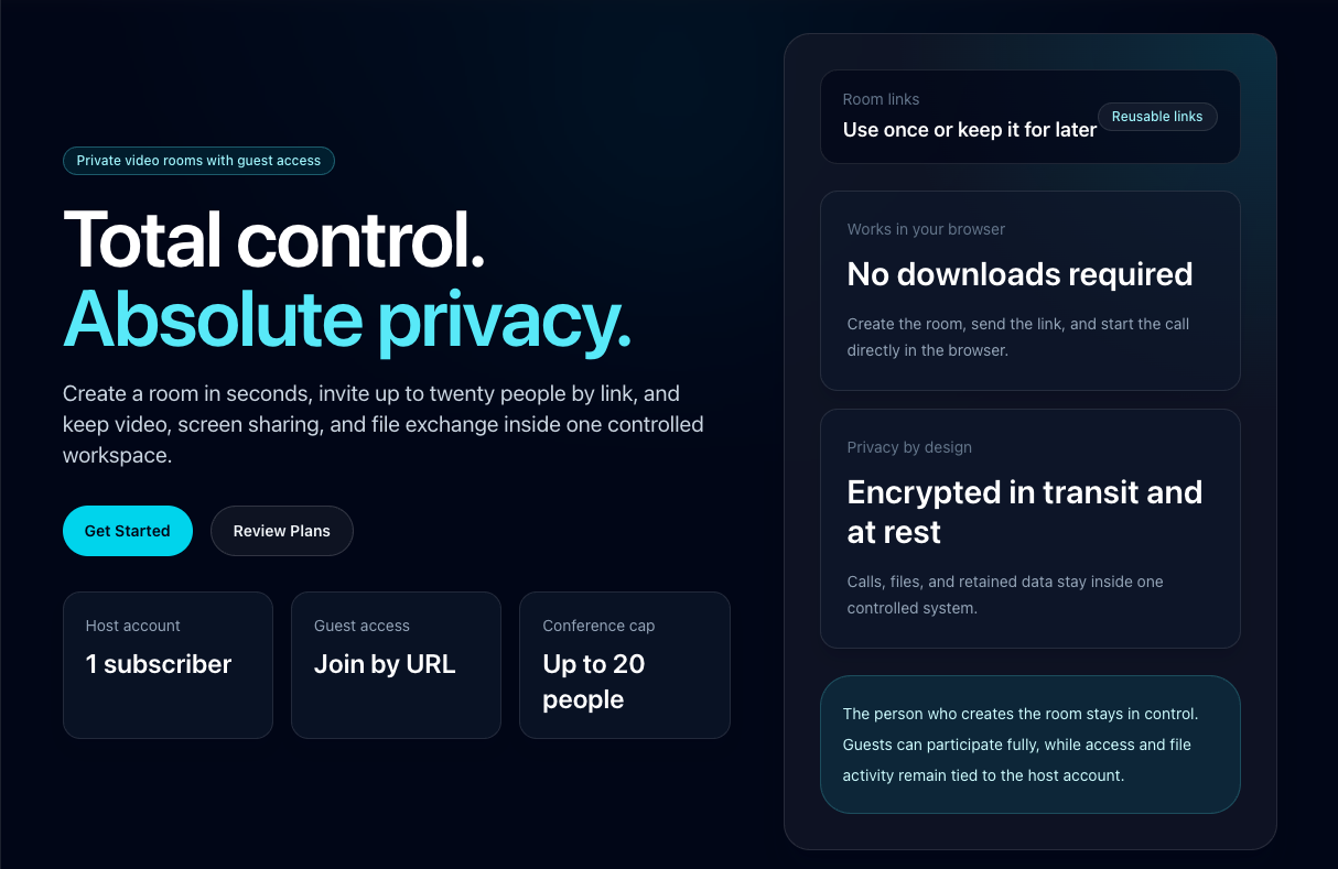 Project Vara Video website screenshot showing private browser-based video rooms